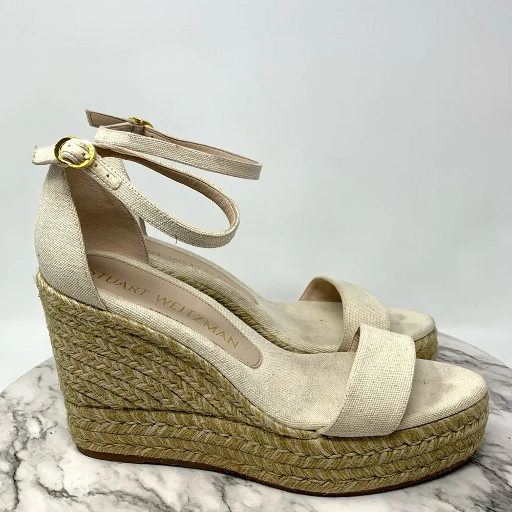 Stuart Weitzman Floria Cream Canvas Espadrille Wedges 8.5 Coastal Resortwear - Picture 2 of 16